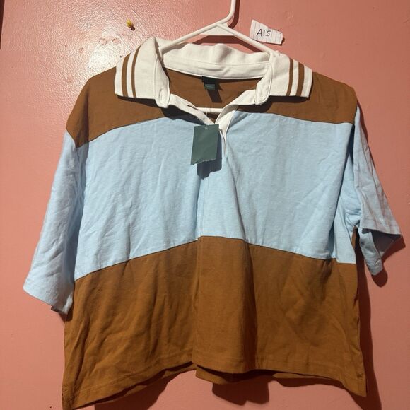 Wild Fable Womens Shirt M Medium Brown Blue Collared Short Sleeve Top New - Picture 1 of 8